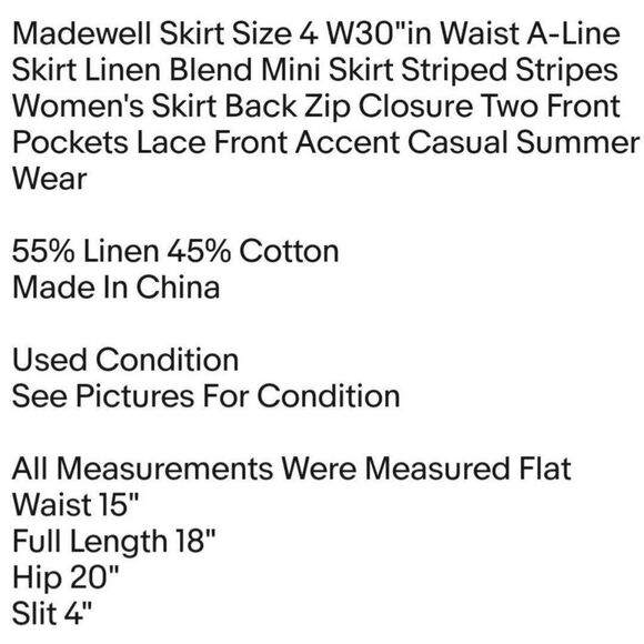 Madewell Skirt Size 4 W30"in Waist A-Line Skirt Linen Blend Mini Skirt Striped - Picture 2 of 5